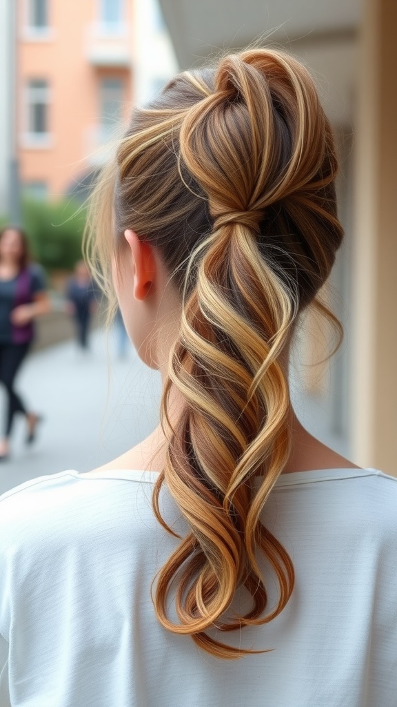 A woman with a messy ponytail featuring natural waves, showcasing a relaxed and casual hairstyle.