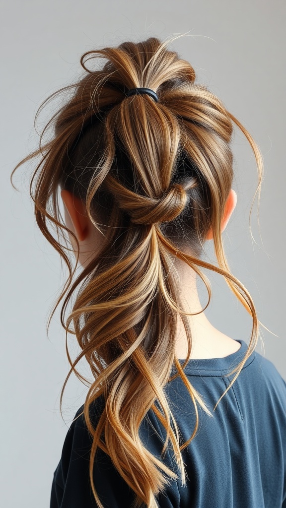 A casual messy ponytail hairstyle with loose strands and volume