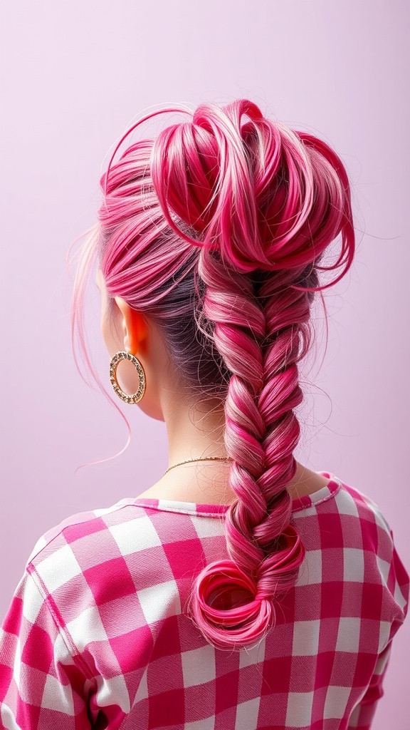 A vibrant pink messy ponytail hairstyle featuring volume and a braid, set against a soft background.
