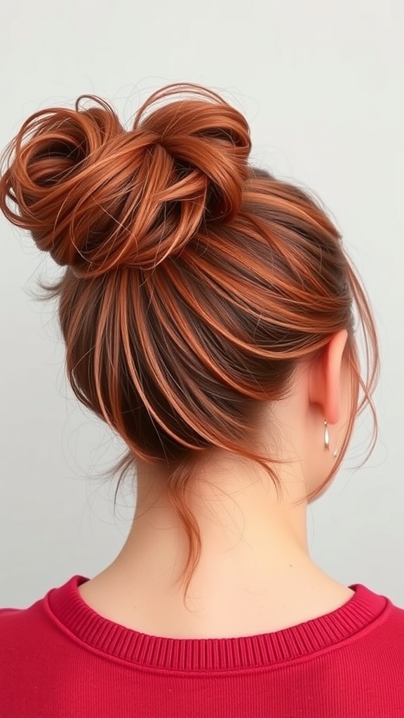 A woman with a messy red bun hairstyle, featuring a weave, viewed from the back.