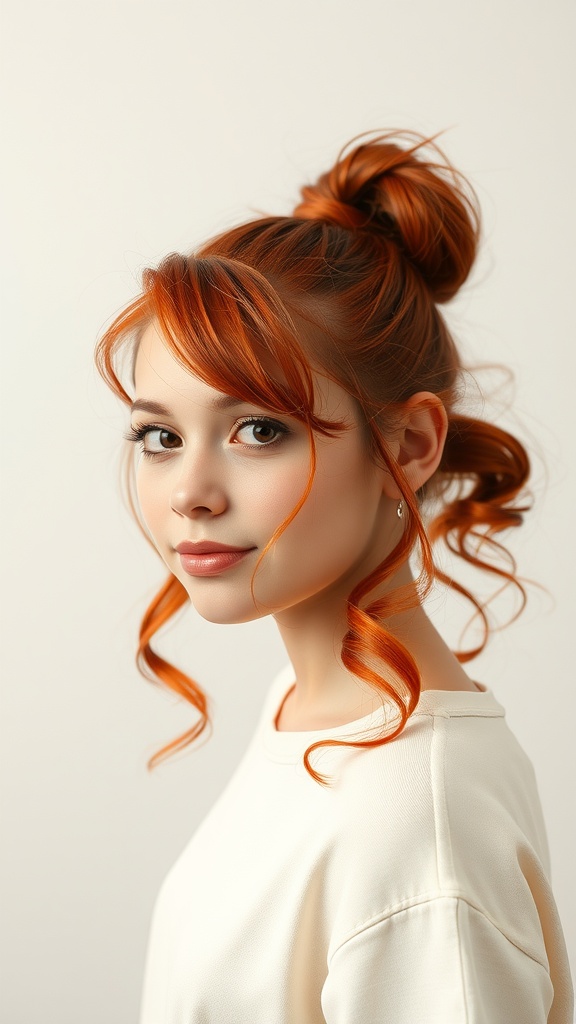 A young woman with a messy red ponytail and face-framing curls, wearing a white top.