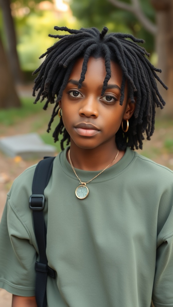 A person with short, messy locs, wearing a green shirt and a necklace, standing outdoors.