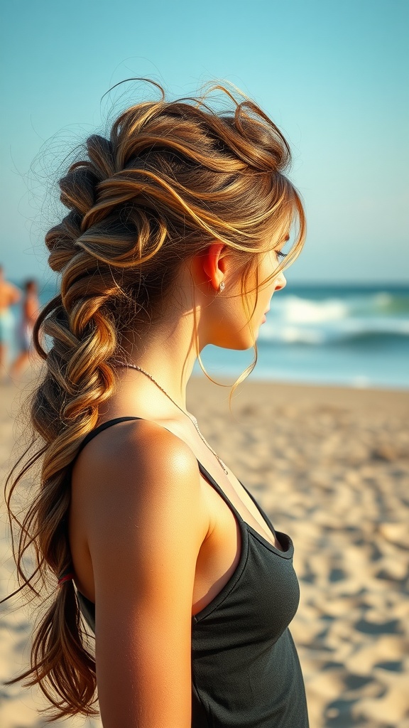 A woman with a messy side braid and loose curls, standing on a beach with a clear blue sky.