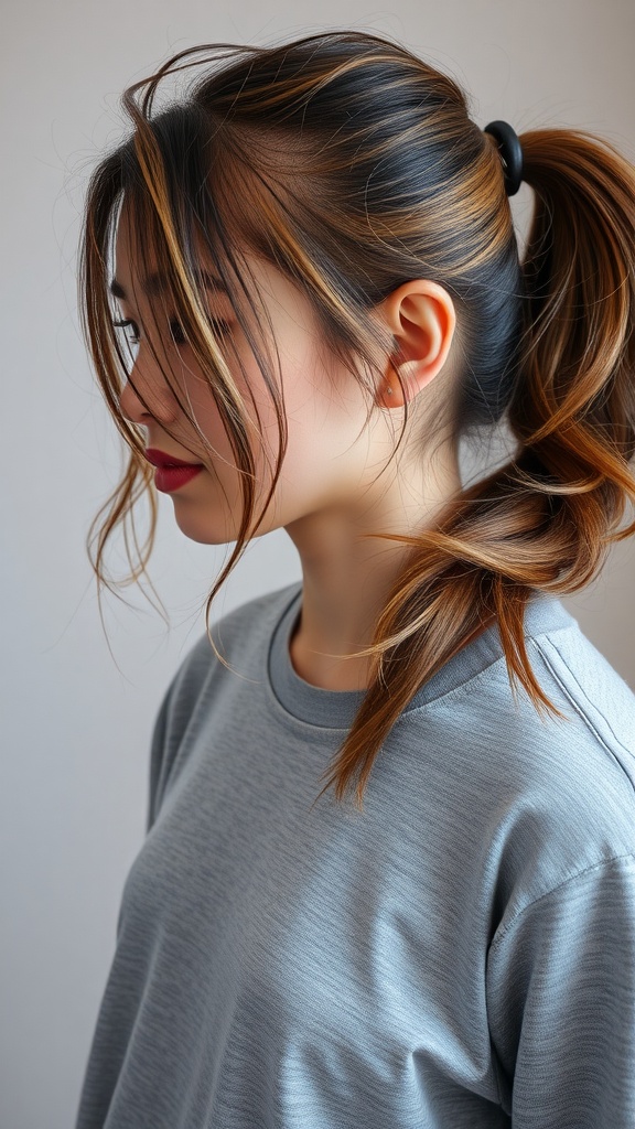 A woman with a messy side ponytail, showcasing a casual hairstyle.