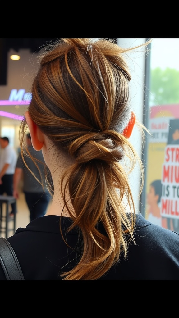 A messy slick back ponytail hairstyle, showing loose strands and soft waves.