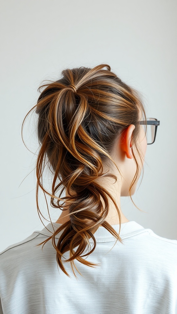 A messy textured ponytail hairstyle with loose strands and soft waves.