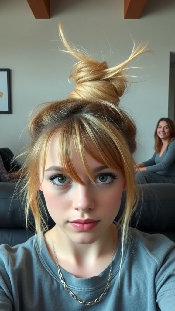 A close-up of a person with a messy top knot hairstyle, featuring loose strands and a casual look.