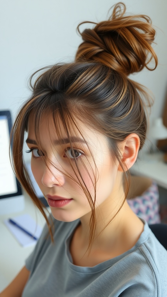 A woman with a messy top knot hairstyle, styled casually with loose strands framing her face, wearing a gray t-shirt.