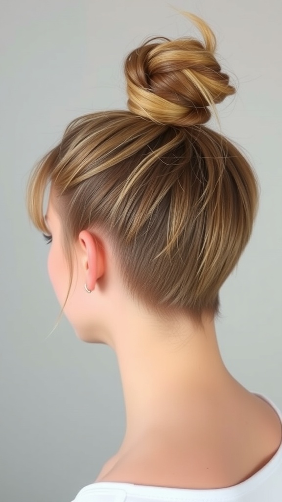 A woman with short hair styled in a messy top knot, showcasing a relaxed and chic look.