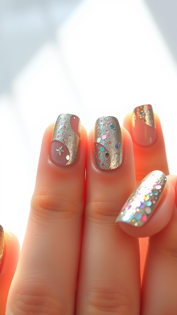 Nails featuring metallic accents and colorful foils.