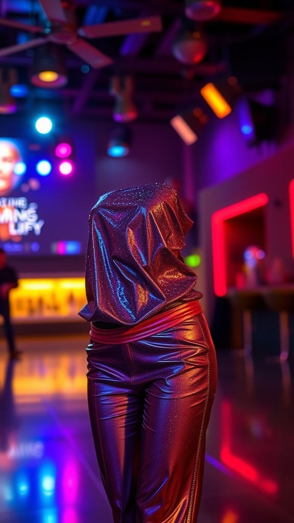 A stylish woman in a metallic outfit at a vibrant club setting.