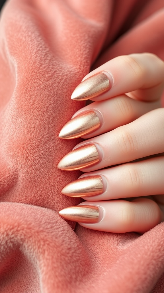 Close-up of metallic almond nails in rose gold color against a soft pink background.