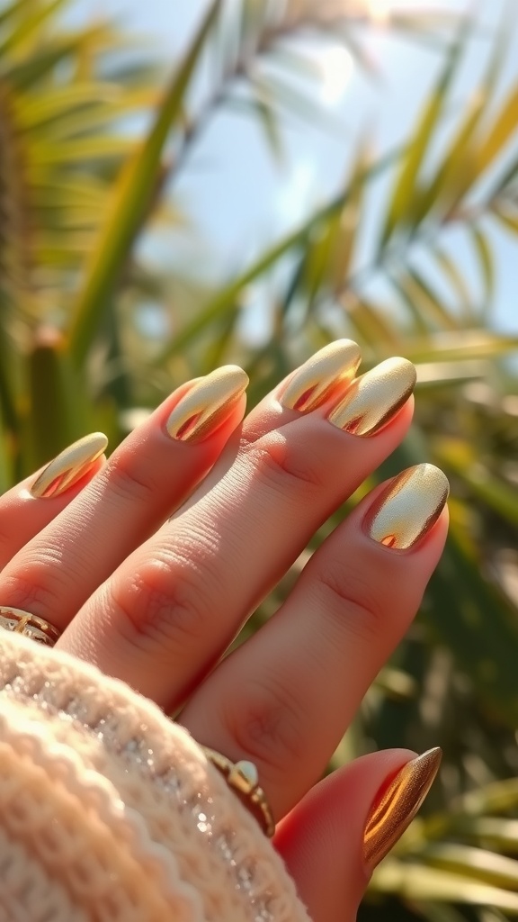 Close-up of a hand with metallic gold almond-shaped nails against a tropical background