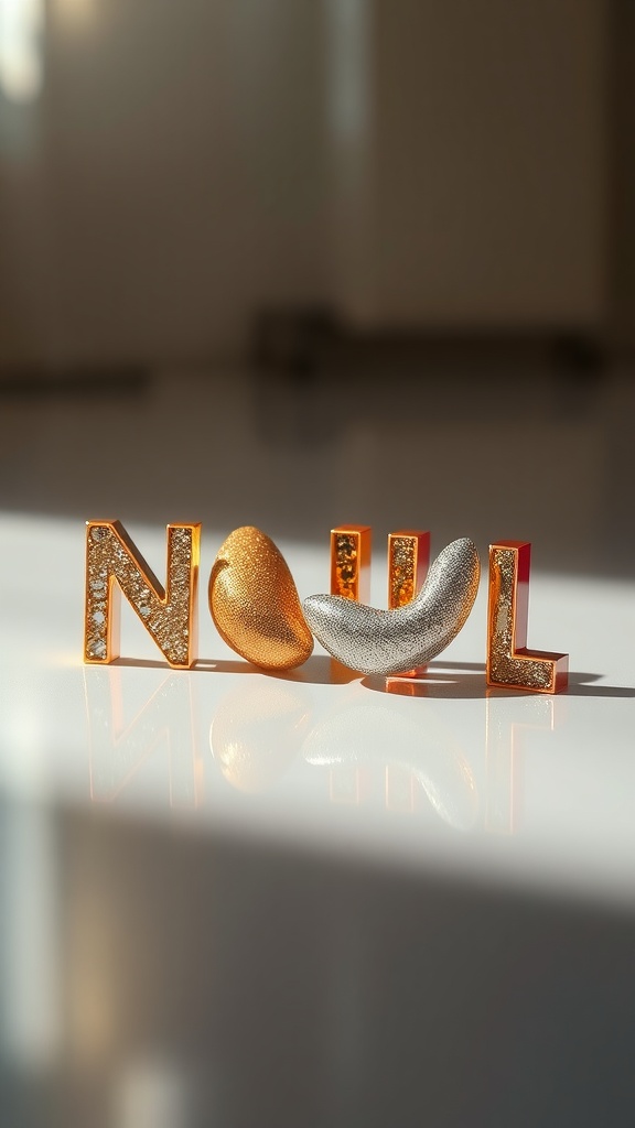 An artistic display with metallic shapes and letters related to almond nail designs.