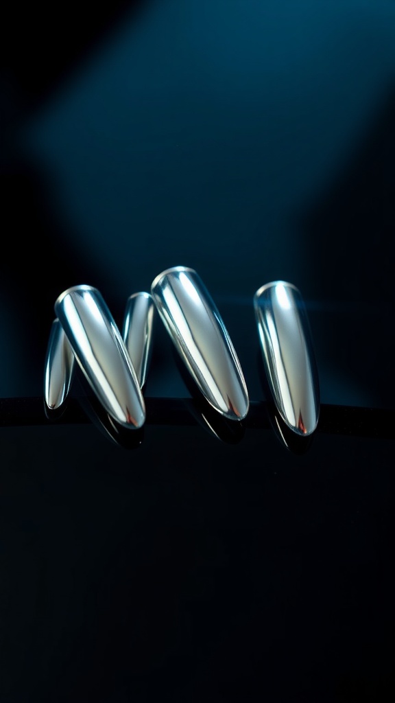 Close-up of metallic chrome finish nail tips on a dark background