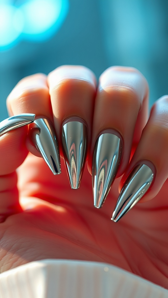 Close-up of metallic chrome nails with a sleek design.
