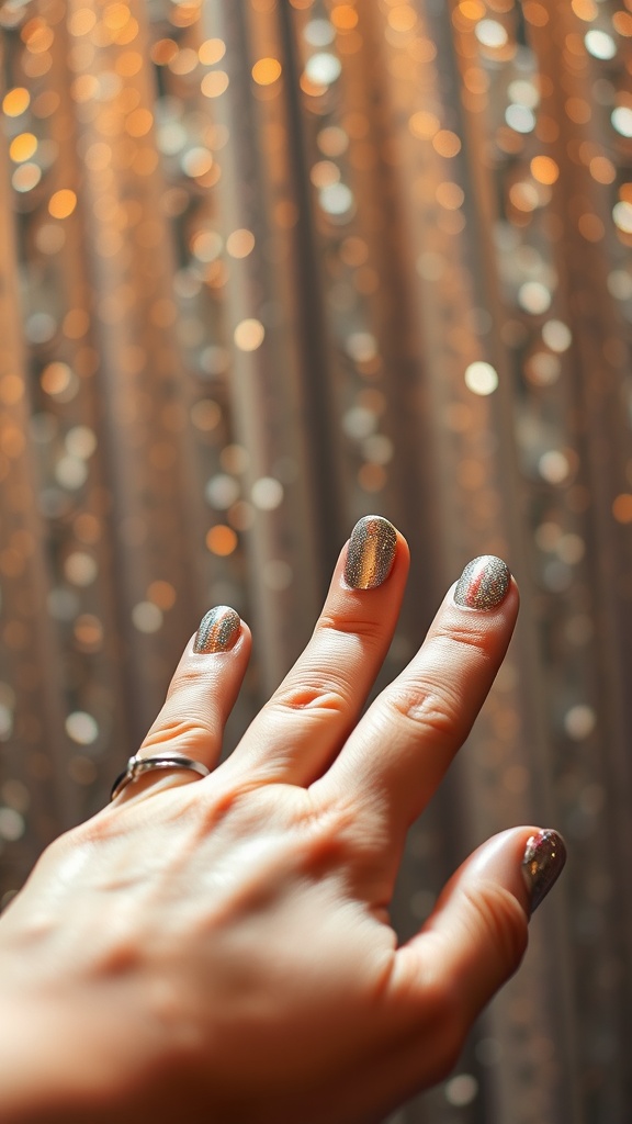 A hand with metallic and shimmer nail polish against a blurred sparkling background.