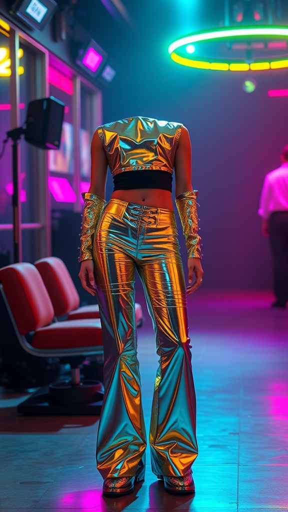 A person wearing a shiny metallic outfit consisting of a cropped top and flared pants in a club setting with colorful lights.