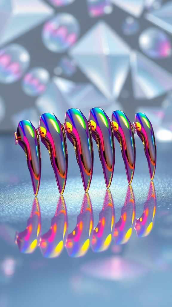 A set of metallic chrome coffin nails reflecting rainbow colors.