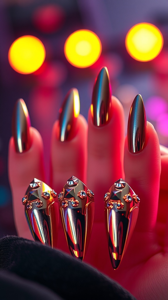 Metallic coffin nails with studs on a hand