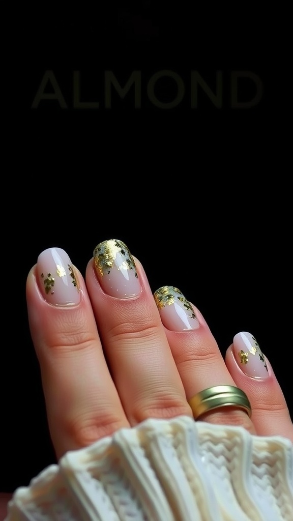 Close-up of almond-shaped nails with gold foil accents on a nude base.