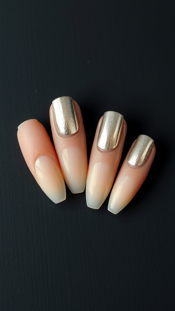 Nails featuring soft ombre base with gold metallic foil highlights