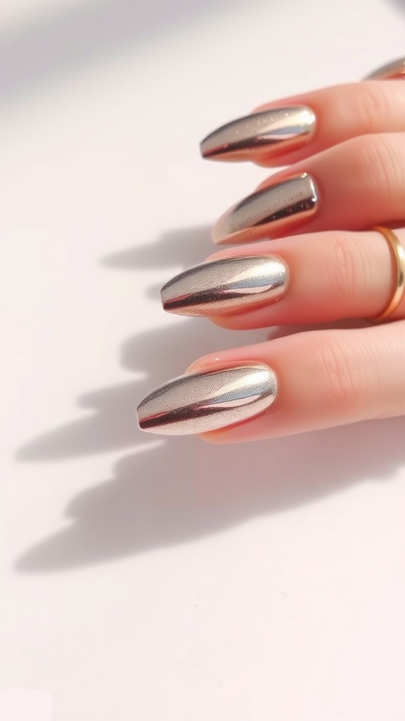 Close-up of metallic foil overlay on stiletto nails, showing a shiny silver finish.