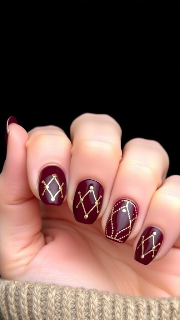 Nails with burgundy polish and metallic gold accents, featuring crisscross patterns and dots.
