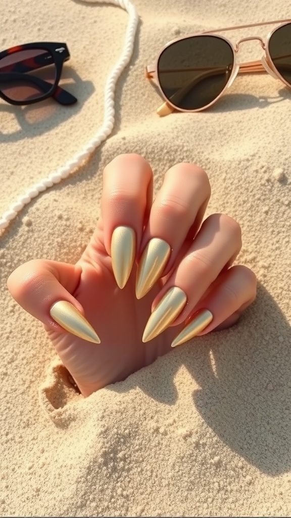 A hand with metallic gold almond nails partially buried in sand, with sunglasses nearby.