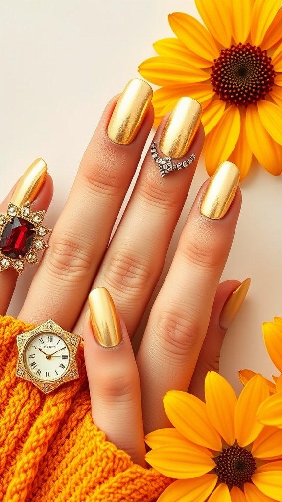 Metallic gold almond nails with rings and sunflowers