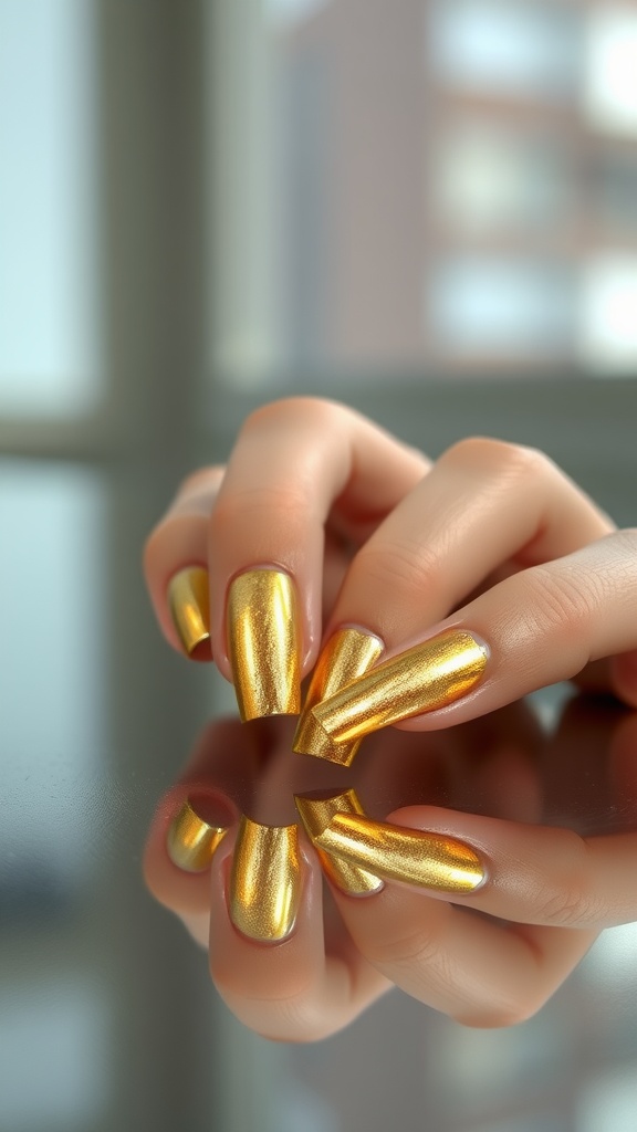 Close-up of hands with metallic gold French tip nails reflecting light