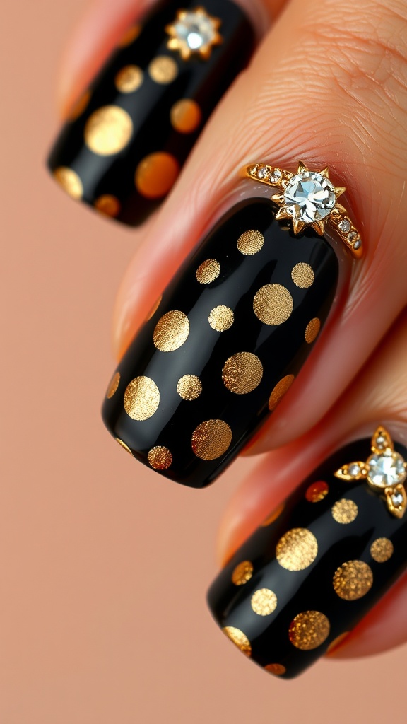 Close-up of black nails with metallic gold polka dots and decorative gems