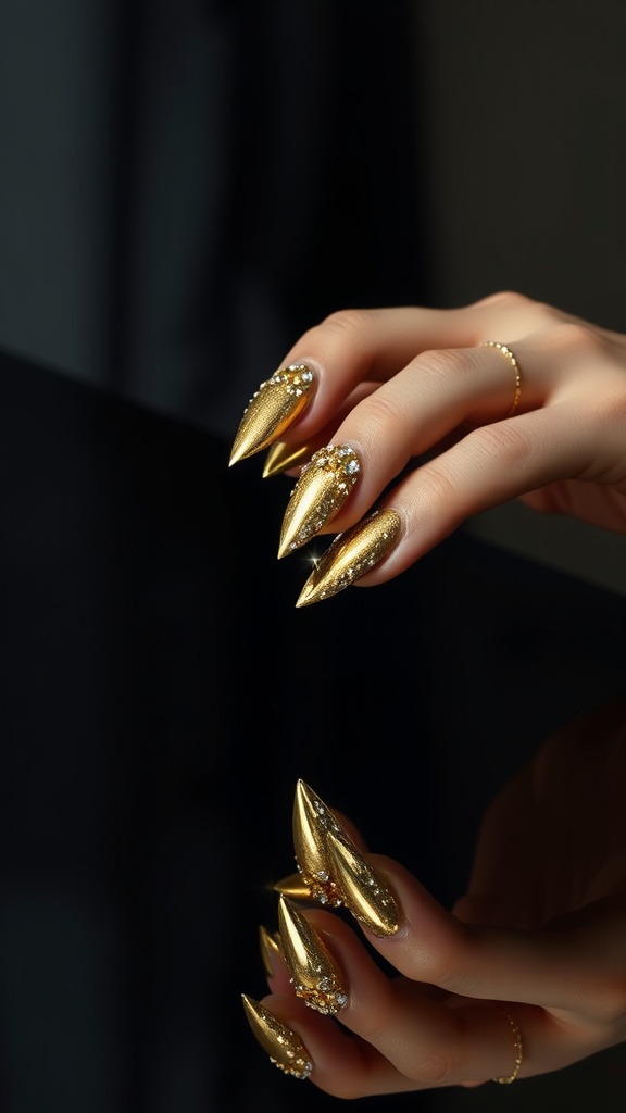 Close-up of metallic gold stiletto nails with embellishments