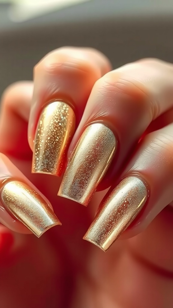 Close-up of metallic ombre nails in golden shade