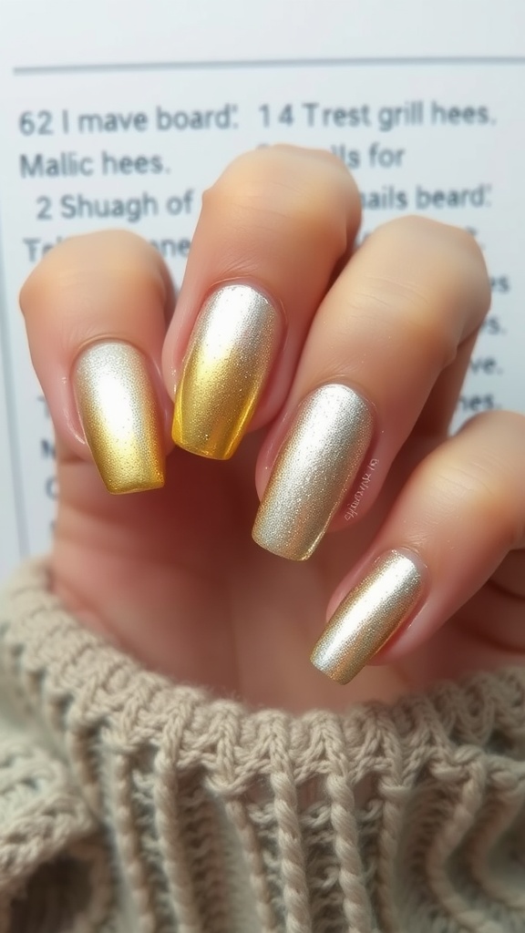 Close-up of metallic ombre nails featuring gold and silver shades.