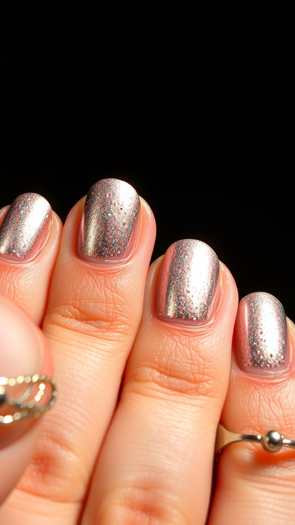 Close-up of short metallic nails with a shiny finish