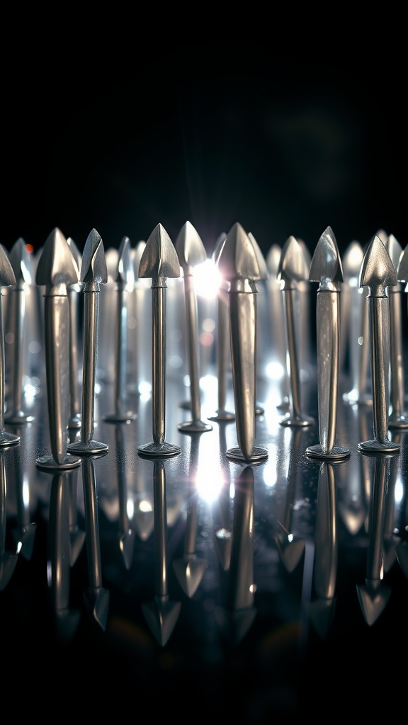Close-up of metallic silver coffin nails reflecting light against a dark background