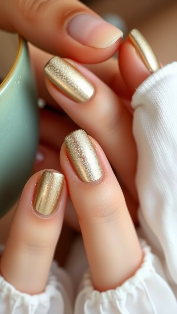 Close-up of short nails painted in metallic gold with a textured finish