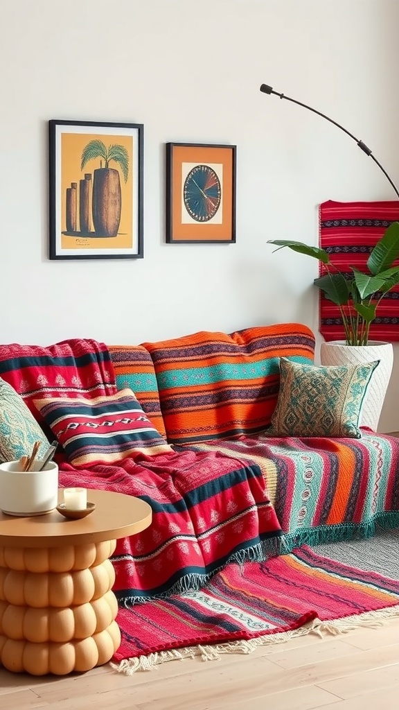 Stylish living room with colorful Mexican blankets on a couch, featuring vibrant decor and artistic wall frames.