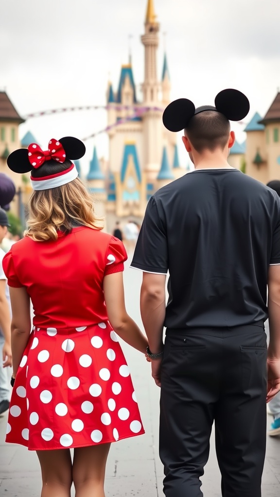 Couple in Mickey and Minnie Mouse inspired outfits, holding hands at a Disney theme park.