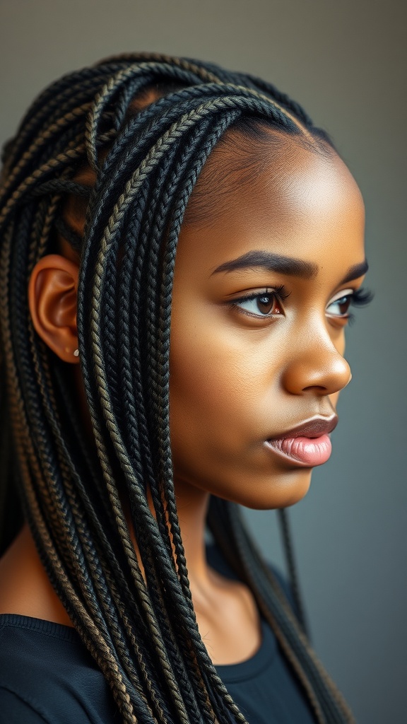 A close-up of a person showcasing stylish micro braids, with intricate detailing and color variation.