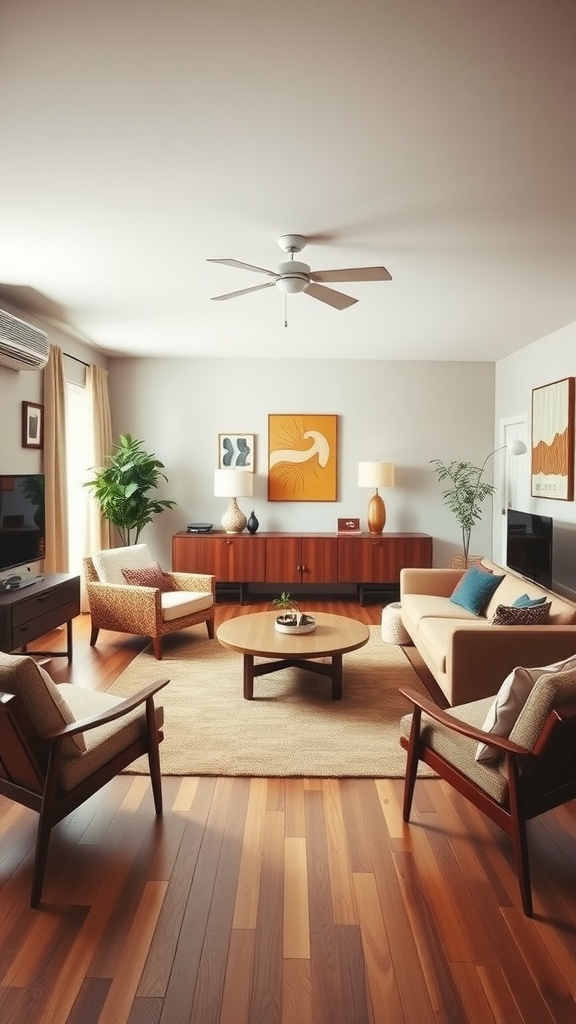 A stylish mid-century modern living room featuring wooden furniture, plants, and geometric art.