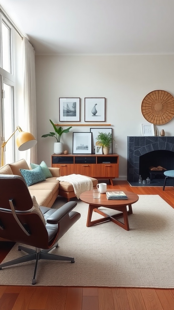 A mid-century modern living room featuring a light sofa, lounge chair, round coffee table, and stylish decor.