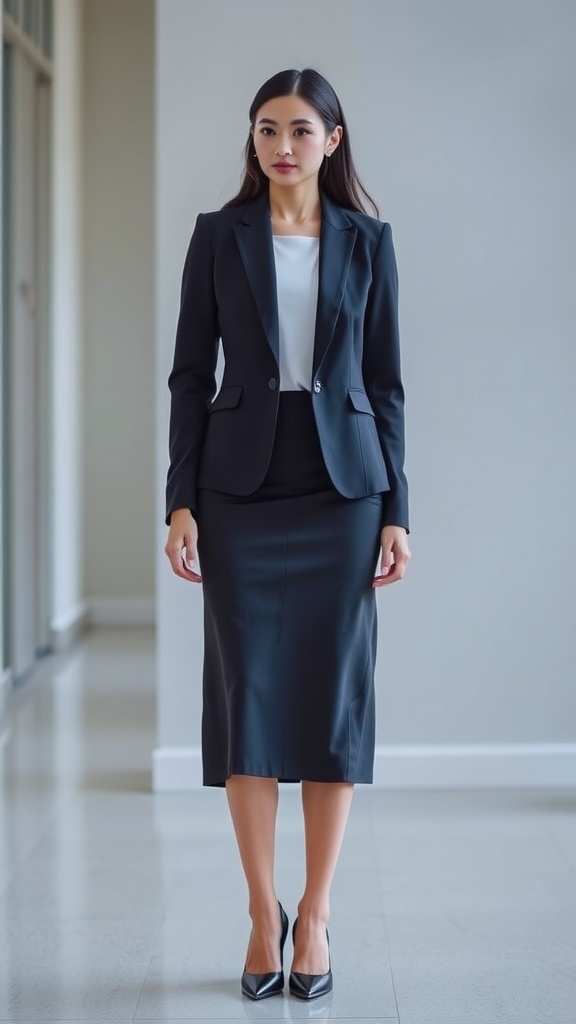 A woman in a tailored blazer and midi skirt, showcasing a business casual outfit.