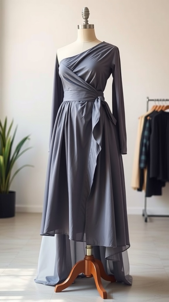 A stylish gray midi wrap skirt with pleats displayed on a mannequin.