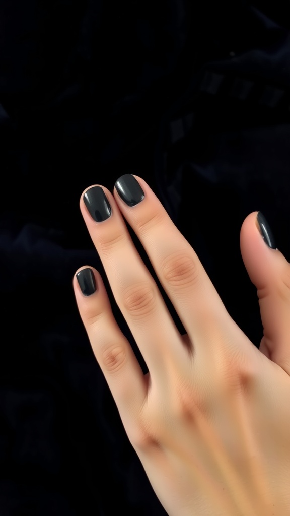 A close-up of a hand with midnight blue glossy nails against a dark background.