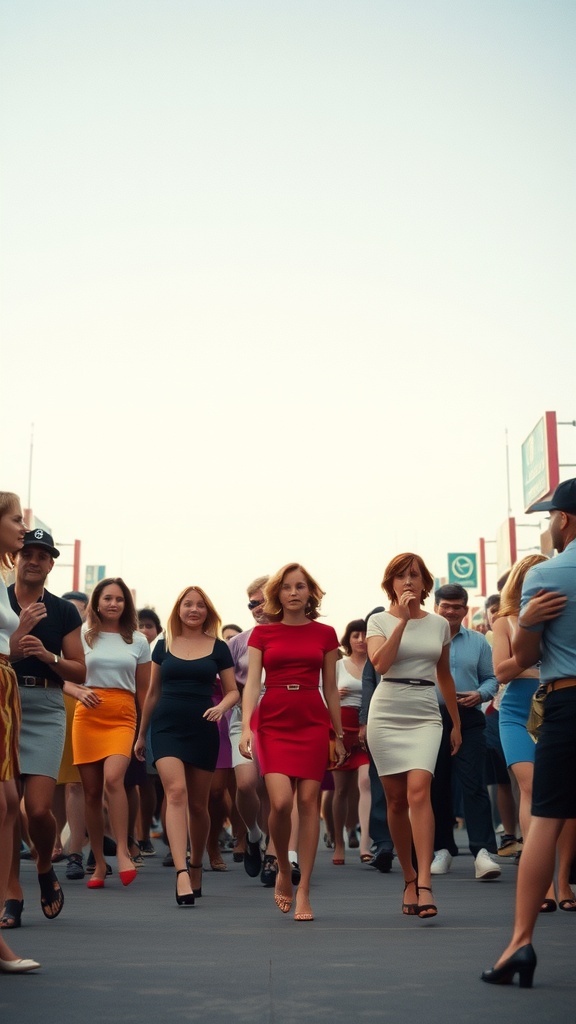 A diverse group of people walking, featuring women in various colored mini pencil skirts, showcasing a vibrant fashion scene.