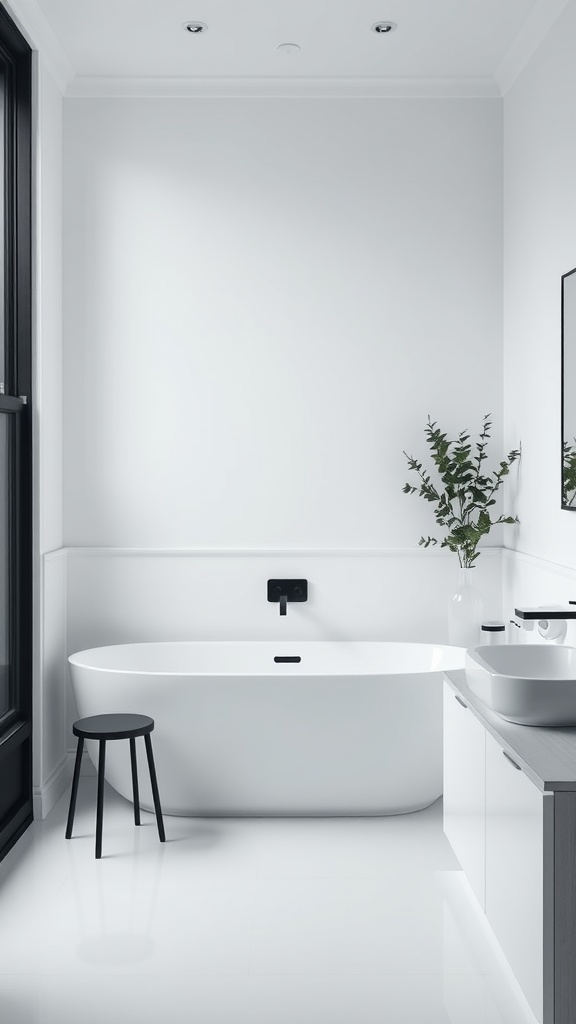 Minimalist black and white bathroom with a freestanding bathtub, modern fixtures, and a touch of greenery.