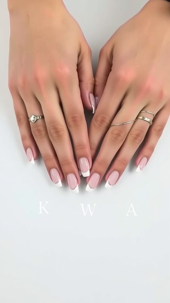 Close-up of short almond acrylic nails featuring a soft pink base with white tips, paired with subtle rings.