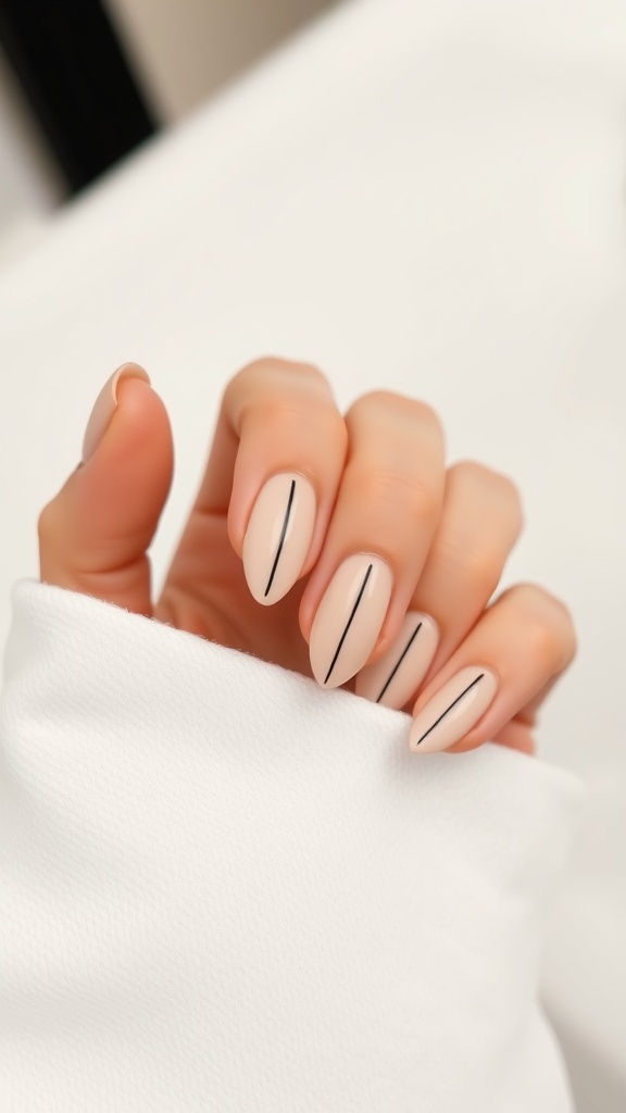 Minimalist almond nail art featuring a beige base with black lines.